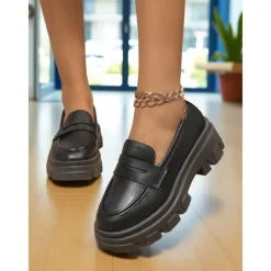 Women's Black Chunky Loafers with Platform Sole - Trendy Slip-On Casual Shoes for Everyday Wear, Office, and Weekend Outings