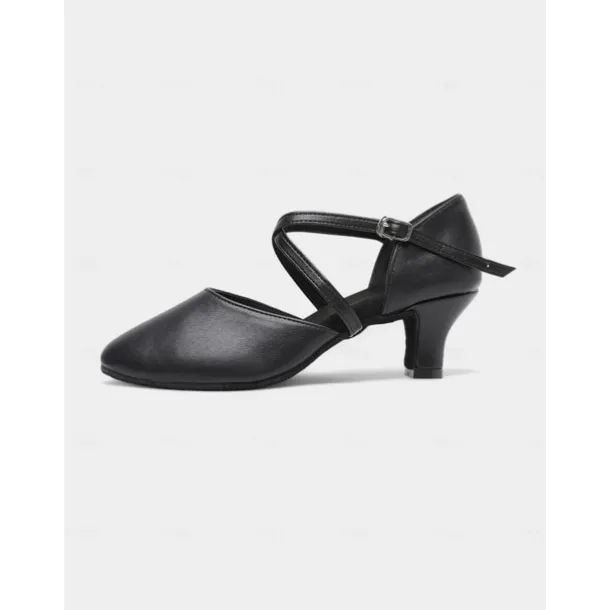 Women's Black Cross Strap Closed-Toe Latin Dance Shoes with Low Heels – Comfortable Performance Ballroom Shoes for Beginners and Social Dancers