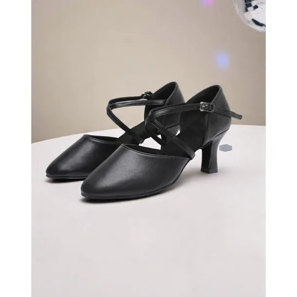 Women's Black Cross Strap Closed-Toe Latin Dance Shoes with Low Heels – Comfortable Performance Ballroom Shoes for Beginners and Social Dancers
