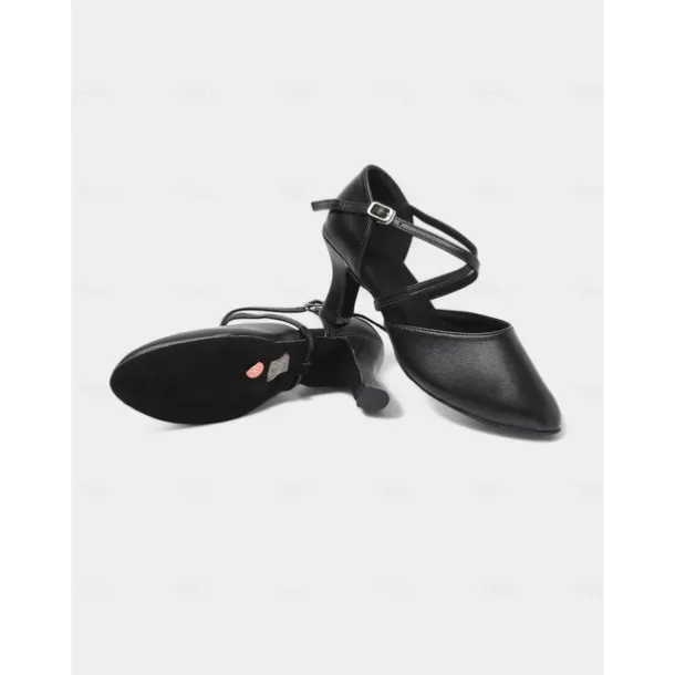 Women's Black Cross Strap Closed-Toe Latin Dance Shoes with Low Heels – Comfortable Performance Ballroom Shoes for Beginners and Social Dancers