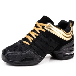 Women's Black Dance Sneakers with Gold Accents – Lightweight Breathable Lace-Up Athletic Shoes for Hip-Hop and Jazz