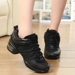 Women's Black Dance Sneakers with Gold Accents – Lightweight Breathable Lace-Up Athletic Shoes for Hip-Hop and Jazz