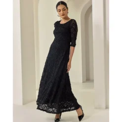 Women's Black Dress Lace Dress Little Black Black 3/4 Length Sleeve Solid Color Lace Spring & Fall Cross-Seasons Elegant Party S M L