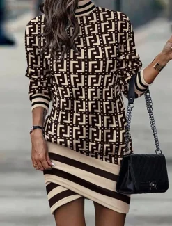 Women's Black Dress Work Dress Casual Dress Sheath Dress Fashion Winter Dress Daily Mini Dress Print Stand Collar Long Sleeve Leopard Floral Loose Fit Black White Yellow Fall Winter XXL