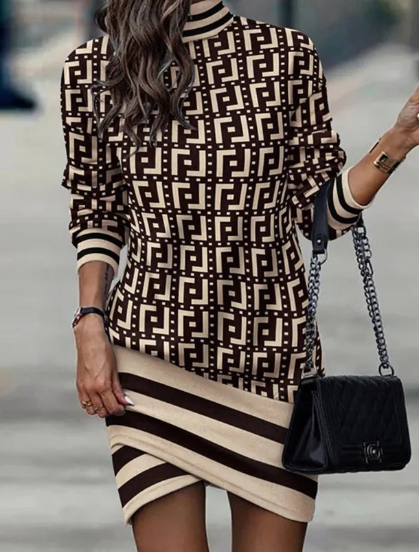 Women's Black Dress Work Dress Casual Dress Sheath Dress Fashion Winter Dress Daily Mini Dress Print Stand Collar Long Sleeve Leopard Floral Loose Fit Black White Yellow Fall Winter XXL