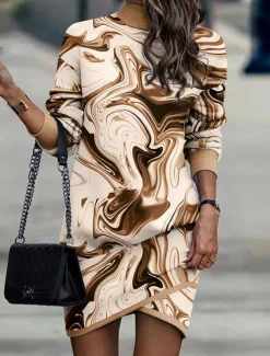 Women's Black Dress Work Dress Casual Dress Sheath Dress Fashion Winter Dress Daily Mini Dress Print Stand Collar Long Sleeve Leopard Floral Loose Fit Black White Yellow Fall Winter XXL