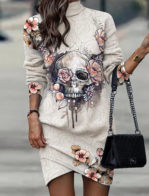 Women's Black Dress Work Dress Casual Dress Sheath Dress Fashion Winter Dress Daily Mini Dress Print Stand Collar Long Sleeve Leopard Floral Loose Fit Black White Yellow Fall Winter XXL