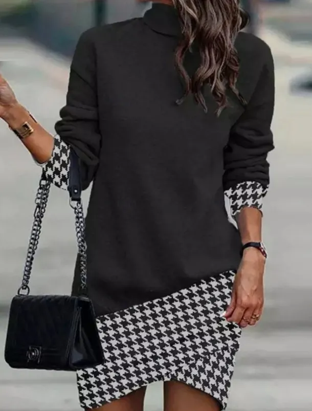 Women's Black Dress Work Dress Casual Dress Sheath Dress Fashion Winter Dress Daily Mini Dress Print Stand Collar Long Sleeve Leopard Floral Loose Fit Black White Yellow Fall Winter XXL