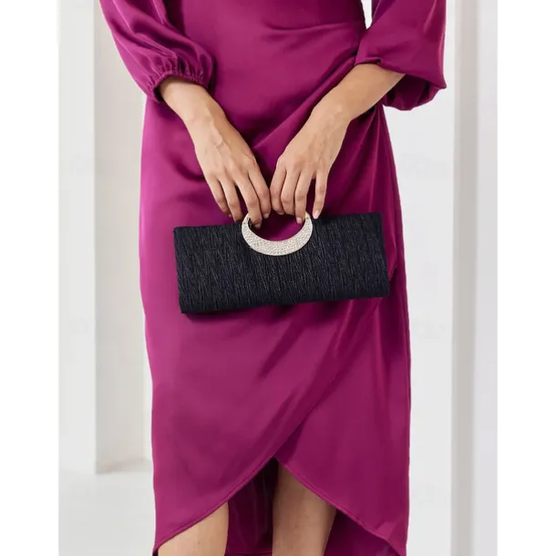Women's Black Evening Clutch with Rhinestone Handle - Elegant Handbag for Weddings and Formal Events