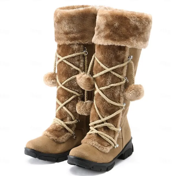 Women's Black Faux Fur Winter Boots with Pom-Pom Laces - Warm Insulated, Knee-High Design, Non-Slip Soles for Cold Weather and Snowy Days