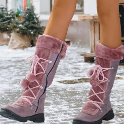 Women's Black Faux Fur Winter Boots with Pom-Pom Laces - Warm Insulated, Knee-High Design, Non-Slip Soles for Cold Weather and Snowy Days
