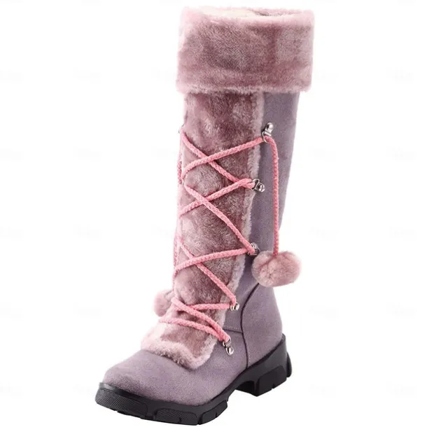 Women's Black Faux Fur Winter Boots with Pom-Pom Laces - Warm Insulated, Knee-High Design, Non-Slip Soles for Cold Weather and Snowy Days