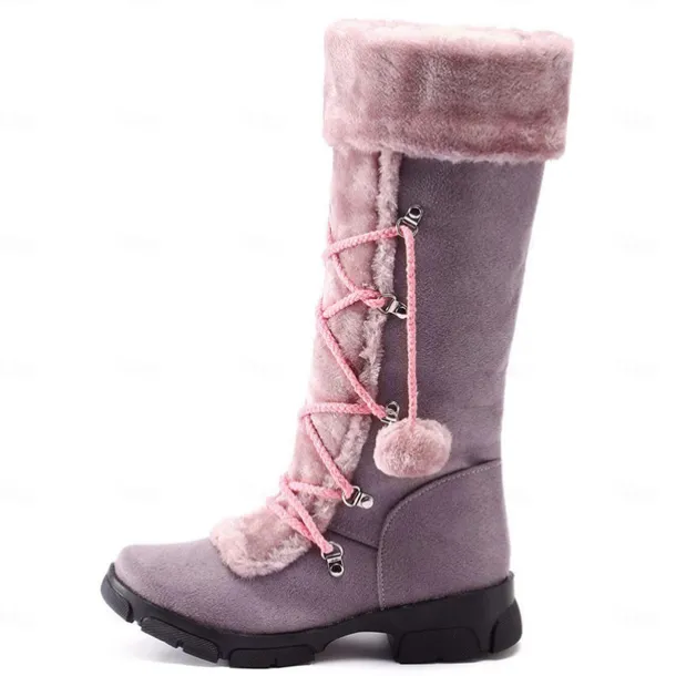 Women's Black Faux Fur Winter Boots with Pom-Pom Laces - Warm Insulated, Knee-High Design, Non-Slip Soles for Cold Weather and Snowy Days