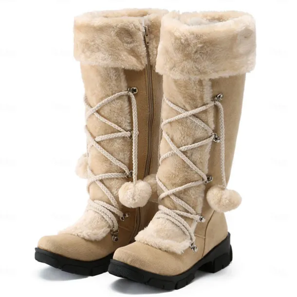 Women's Black Faux Fur Winter Boots with Pom-Pom Laces - Warm Insulated, Knee-High Design, Non-Slip Soles for Cold Weather and Snowy Days