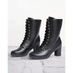 Women's Black Faux Leather Lace-Up Victorian Boots with Mid-Heel, Elegant and Timeless Design for Formal and Vintage-Inspired Occasions