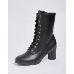 Women's Black Faux Leather Lace-Up Victorian Boots with Mid-Heel, Elegant and Timeless Design for Formal and Vintage-Inspired Occasions