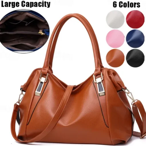 Women's Black Faux Leather Handbag with Top Handles and Shoulder Strap, Elegant Large-Capacity Tote Bag for Work, Travel, and Daily Office Use