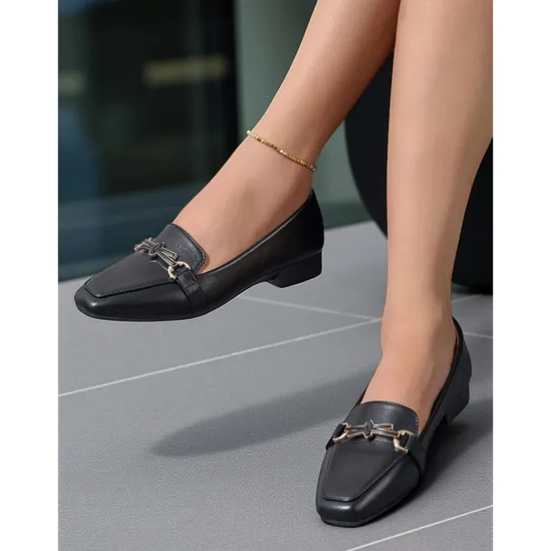 Women's Black Faux Leather Loafers – Square Toe Slip-On Flats with Metal Bow Accent, Classic Office and Daily Wear Shoes for Ladies