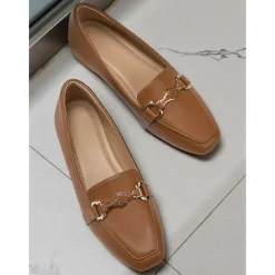 Women's Black Faux Leather Loafers – Square Toe Slip-On Flats with Metal Bow Accent, Classic Office and Daily Wear Shoes for Ladies