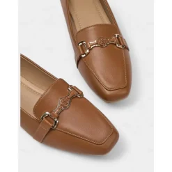 Women's Black Faux Leather Loafers – Square Toe Slip-On Flats with Metal Bow Accent, Classic Office and Daily Wear Shoes for Ladies