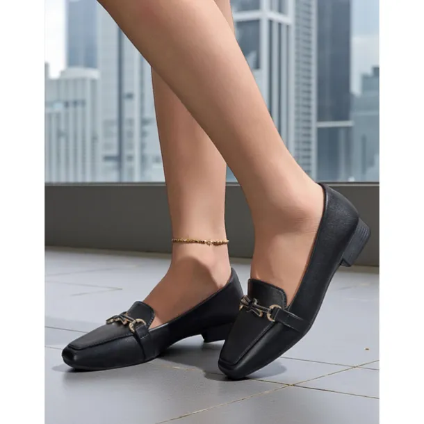 Women's Black Faux Leather Loafers – Square Toe Slip-On Flats with Metal Bow Accent, Classic Office and Daily Wear Shoes for Ladies