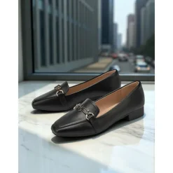 Women's Black Faux Leather Loafers – Square Toe Slip-On Flats with Metal Bow Accent, Classic Office and Daily Wear Shoes for Ladies