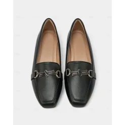Women's Black Faux Leather Loafers – Square Toe Slip-On Flats with Metal Bow Accent, Classic Office and Daily Wear Shoes for Ladies