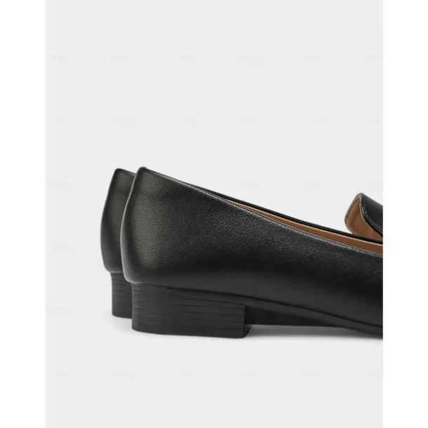 Women's Black Faux Leather Loafers – Square Toe Slip-On Flats with Metal Bow Accent, Classic Office and Daily Wear Shoes for Ladies