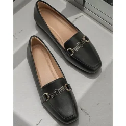 Women's Black Faux Leather Loafers – Square Toe Slip-On Flats with Metal Bow Accent, Classic Office and Daily Wear Shoes for Ladies