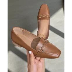 Women's Black Faux Leather Loafers – Square Toe Slip-On Flats with Metal Bow Accent, Classic Office and Daily Wear Shoes for Ladies