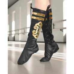 Women's Black Faux Leather Lace-Up Dance Boots - Gold Embellished Split Sole Professional Performance Shoes for Female Dancers and Stage Rehearsals