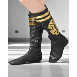 Women's Black Faux Leather Lace-Up Dance Boots - Gold Embellished Split Sole Professional Performance Shoes for Female Dancers and Stage Rehearsals