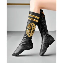 Women's Black Faux Leather Lace-Up Dance Boots - Gold Embellished Split Sole Professional Performance Shoes for Female Dancers and Stage Rehearsals