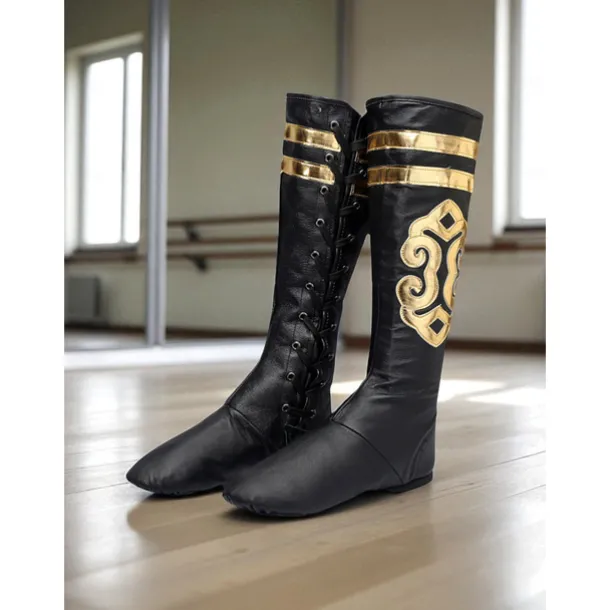Women's Black Faux Leather Lace-Up Dance Boots - Gold Embellished Split Sole Professional Performance Shoes for Female Dancers and Stage Rehearsals