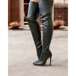 Women's Black Faux Leather Thigh-High Stiletto Boots – Sleek and Sexy Over-the-Knee Design for Clubwear and Evening Glam