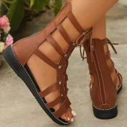 Women's Black Gladiator Sandals with Lace-Up & Cut-Out Design - Stylish Flat Sandals for Summer, Festivals & Beach Wear