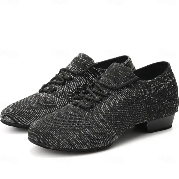 Women's Black Glitter Knit Jazz Dance Shoes with Lace-Up Design and Suede Sole - Lightweight Breathable Performance Shoes for Ballroom and Latin Dancing