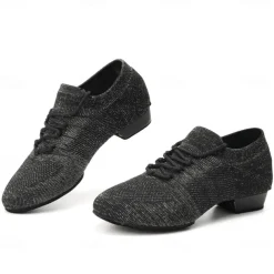 Women's Black Glitter Knit Jazz Dance Shoes with Lace-Up Design and Suede Sole - Lightweight Breathable Performance Shoes for Ballroom and Latin Dancing