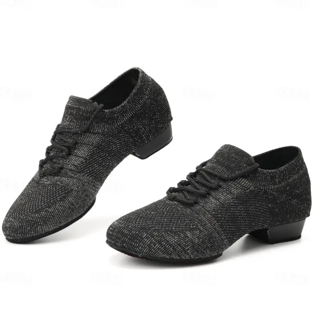 Women's Black Glitter Knit Jazz Dance Shoes with Lace-Up Design and Suede Sole - Lightweight Breathable Performance Shoes for Ballroom and Latin Dancing