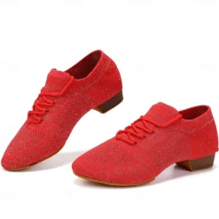 Women's Black Glitter Knit Jazz Dance Shoes with Lace-Up Design and Suede Sole - Lightweight Breathable Performance Shoes for Ballroom and Latin Dancing