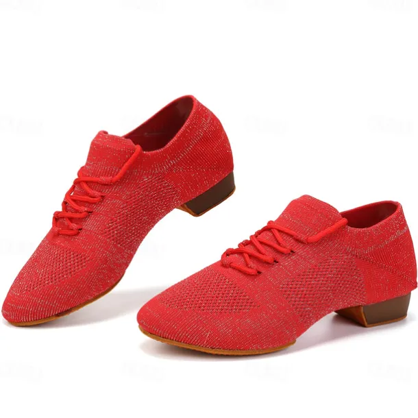 Women's Black Glitter Knit Jazz Dance Shoes with Lace-Up Design and Suede Sole - Lightweight Breathable Performance Shoes for Ballroom and Latin Dancing