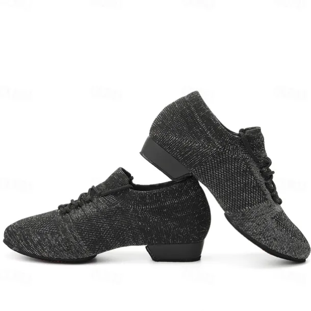 Women's Black Glitter Knit Jazz Dance Shoes with Lace-Up Design and Suede Sole - Lightweight Breathable Performance Shoes for Ballroom and Latin Dancing