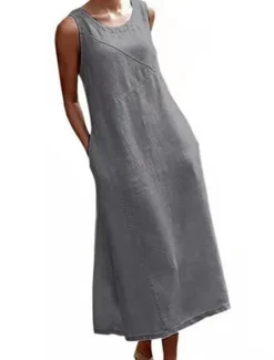 Women's Black Gray Summer Spring Maxi Dress Cotton Linen Dresses Casual Dress Cotton Summer Dress Stylish Basic Modern Outdoor Vacation Holiday Loose Fit Pure Color Crew Neck