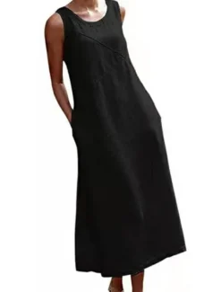 Women's Black Gray Summer Spring Maxi Dress Cotton Linen Dresses Casual Dress Cotton Summer Dress Stylish Basic Modern Outdoor Vacation Holiday Loose Fit Pure Color Crew Neck