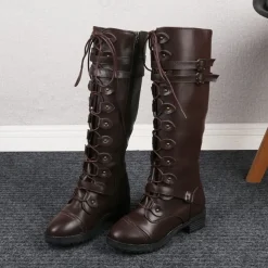 Women's Black Knee High Lace-Up Combat Boots with Chunky Heel, Military Gothic Punk Style Fashion Boots for Autumn Winter