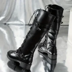 Women's Black Knee High Lace-Up Combat Boots with Chunky Heel, Military Gothic Punk Style Fashion Boots for Autumn Winter