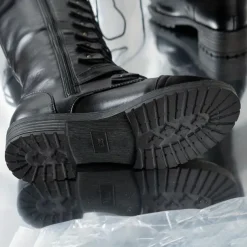 Women's Black Knee High Lace-Up Combat Boots with Chunky Heel, Military Gothic Punk Style Fashion Boots for Autumn Winter