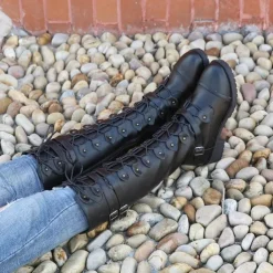 Women's Black Knee High Lace-Up Combat Boots with Chunky Heel, Military Gothic Punk Style Fashion Boots for Autumn Winter