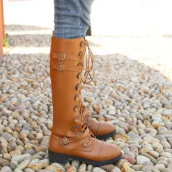 Women's Black Knee High Lace-Up Combat Boots with Chunky Heel, Military Gothic Punk Style Fashion Boots for Autumn Winter