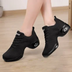 Women's Black Knit Dance Shoes – Lightweight, Air-Cushioned Sole, Breathable Design, Perfect for Latin, Jazz, and Fitness Dance